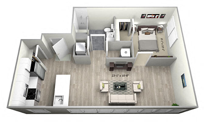 Floor plan for 1 bed, 1 bath, 600 sqft